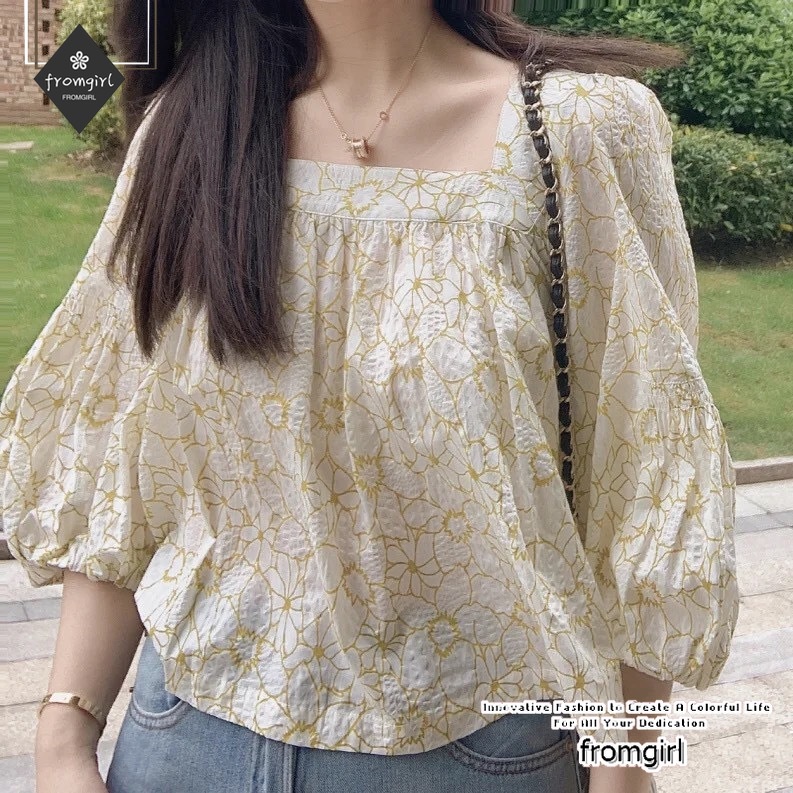 Áo chiffon Cổ Vuông In Họa Tiết Hoa Phong Cách Pháp Thời Trang Mùa Hè Hàng Mới 2022