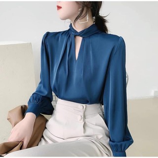 Áo công sở tay dài cổ xoắn chất lụa mềm mát ( hàng cao cấp)