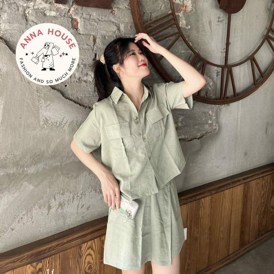 Set áo sơ mi cổ đức cộc tay thô đũi dáng croptop kèm quần giả váy ngắn vạt lệch, set đồ nữ áo sơ mi và quần giả váy ngắn