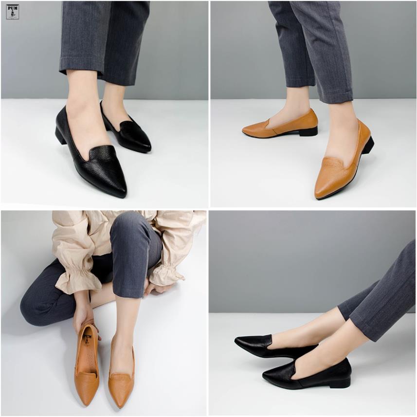 GDL Giày da nữ trung niên, giày lười da bò đế cao 2,5 cm kiểu dáng công sở Pum LD52 màu đen, nâu da không nhăn