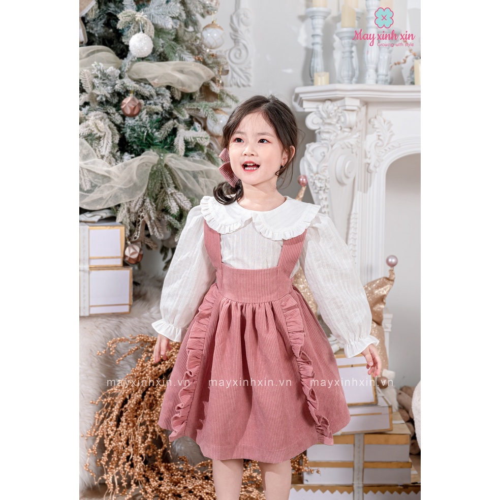 Set váy yếm bé gái nhung tăm hồng kèm áo sơ mi trắng cổ sen MAY XINH XỊN