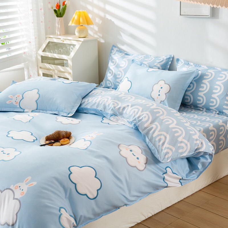 Bộ vỏ chăn ga gối 4 món Cotton Polyester mây xanh