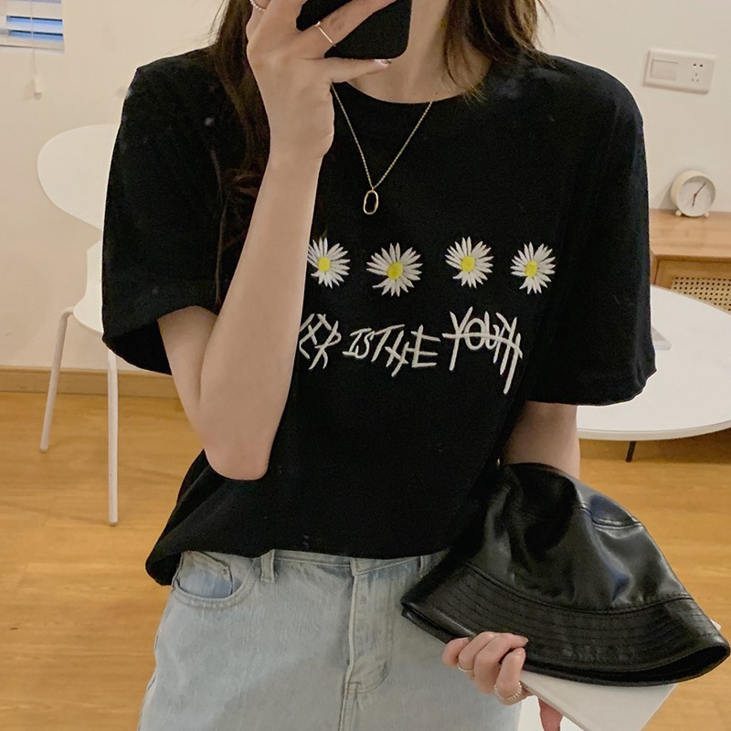 [Baywellfashion]Women Summer Crew Neck College Wind Short Sleeve Floral Daisy Print Loose T-Shirt