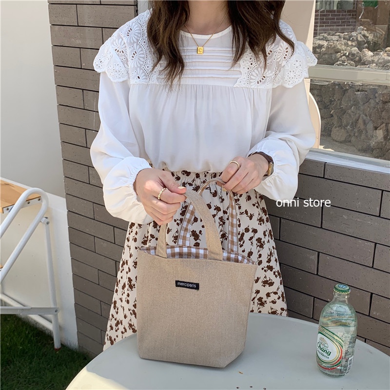 Túi xách vải canvas hai mặt họa tiết sọc caro