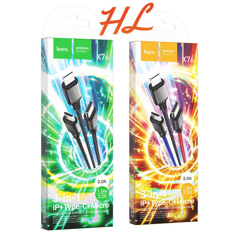 Cáp Sạc 3 Đầu Hoco X76 (Dây Dù, Dài 1M) - BH 6T - Hưng Long PC