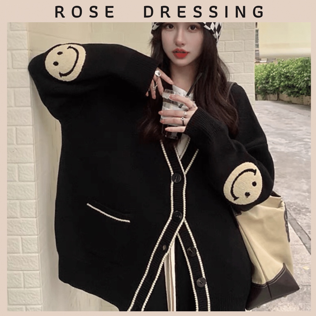 Áo Cardigan Len Dáng Dài Rộng Họa Tiết Mặt Cười Cực Xinh Cho Mùa Thu Đông