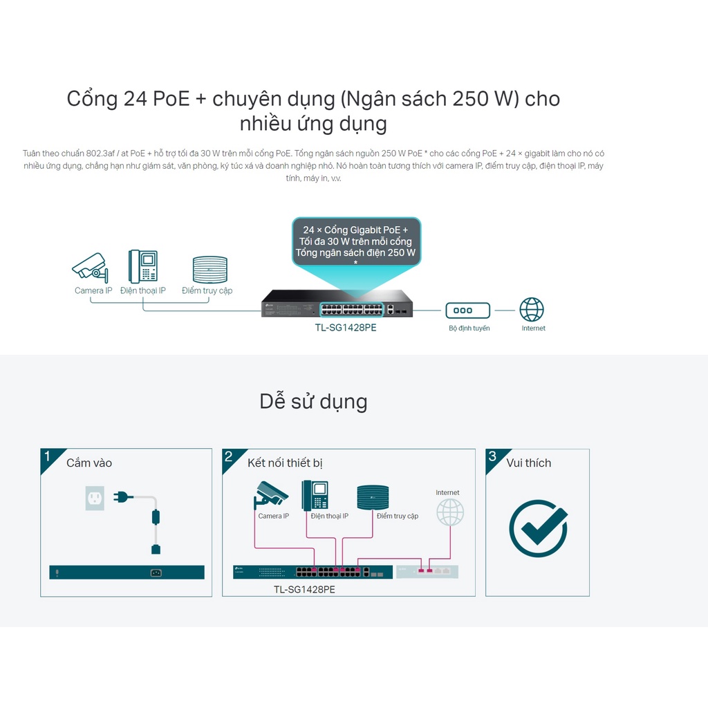 Bộ chia mạng POE thông minh TP-LINK TL-SG1428PE 28 Port Gigabit 24 Port PoE+ công suất 250W tính năng Vlan