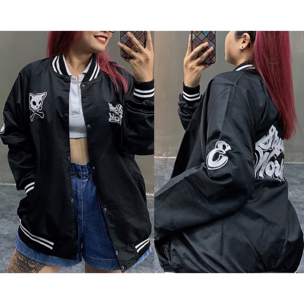 Áo khoác BOMBER họa tiết mèo thêu vải dù thoáng mát không đổ lông (hình shop tự chụp)