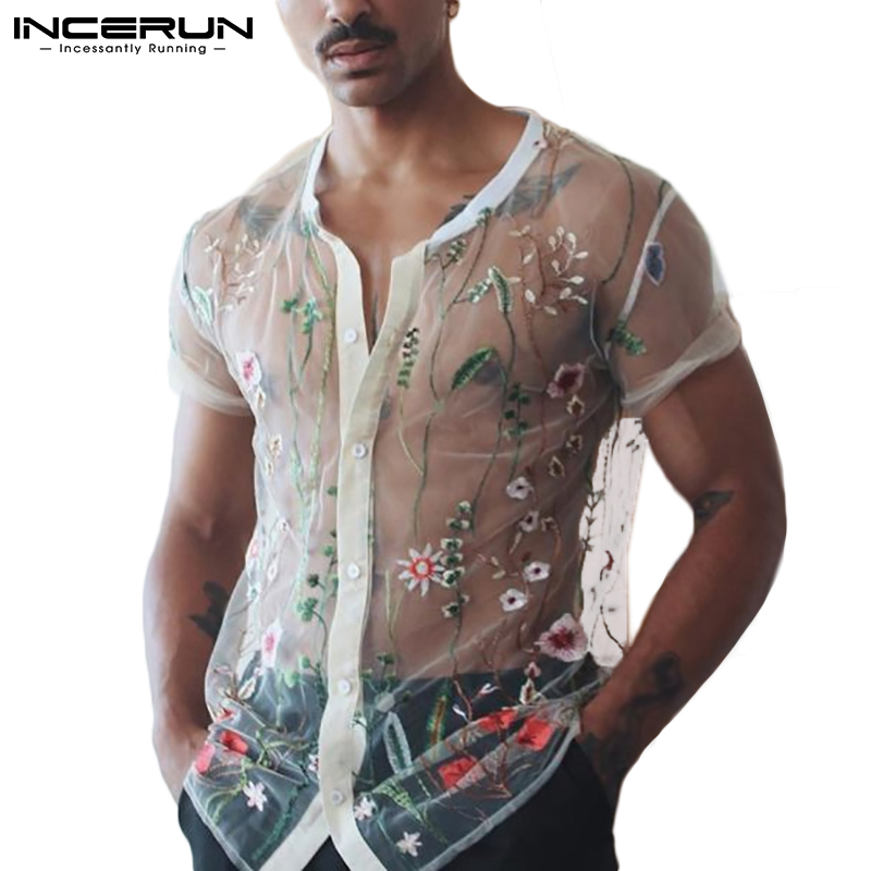 Áo Sơ Mi Nam Xuyên Thấu INCERUN Tay Ngắn Cổ V Gợi Cảm Họa Tiết Thêu Hoa