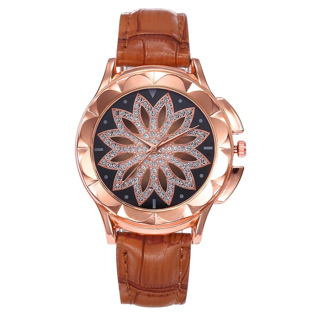 Đồng hồ đeo tay máy Quartz dây da mặt họa tiết hoa đính đá sang trọng cho nữ | BigBuy360 - bigbuy360.vn