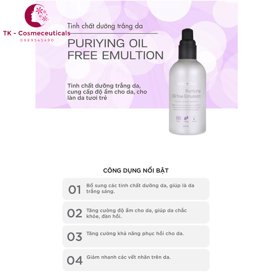 GoodnDoc Purifying Oil Free Emulsion, Tinh Chất Dưỡng Trắng Làm Sáng Da Giảm Vết Nhăn, Mờ Thâm Nám, Dưỡng Ẩm - 120ml