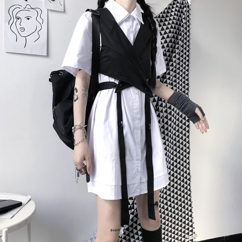 Sẵn - Set áo sơ mi dài dài + vest dáng lỡ phong cách Harajuku