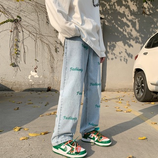 ✦ AFFLIGA ✦Quần Jeans Nam Màu Xanh Nhạt Thêu Chữ Phong Cách Hàn Quốc