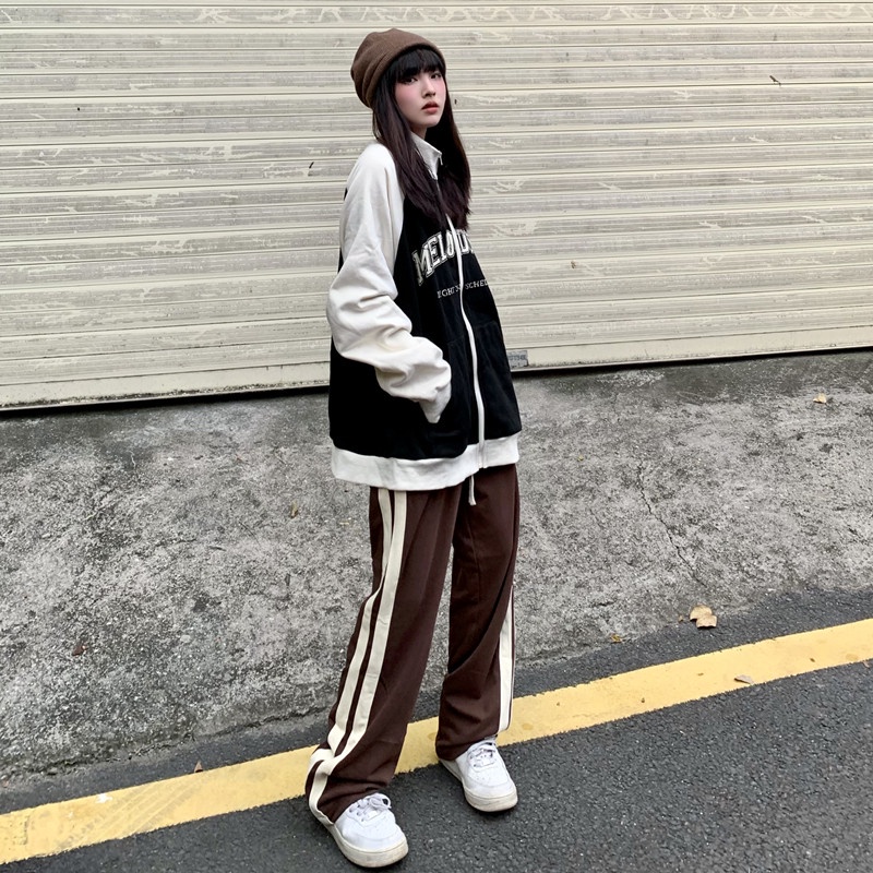 Quần Dài Thể Thao Nữ Ống Rộng Họa Tiết Sọc Ngang Mới