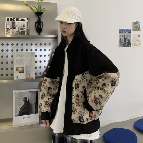 Áo Khoác Bóng Chày Dáng Rộng Dài Vừa Thêu Hình Gấu jacquard Kiểu Hàn Quốc Thời Trang Xuân Thu Cho Nữ