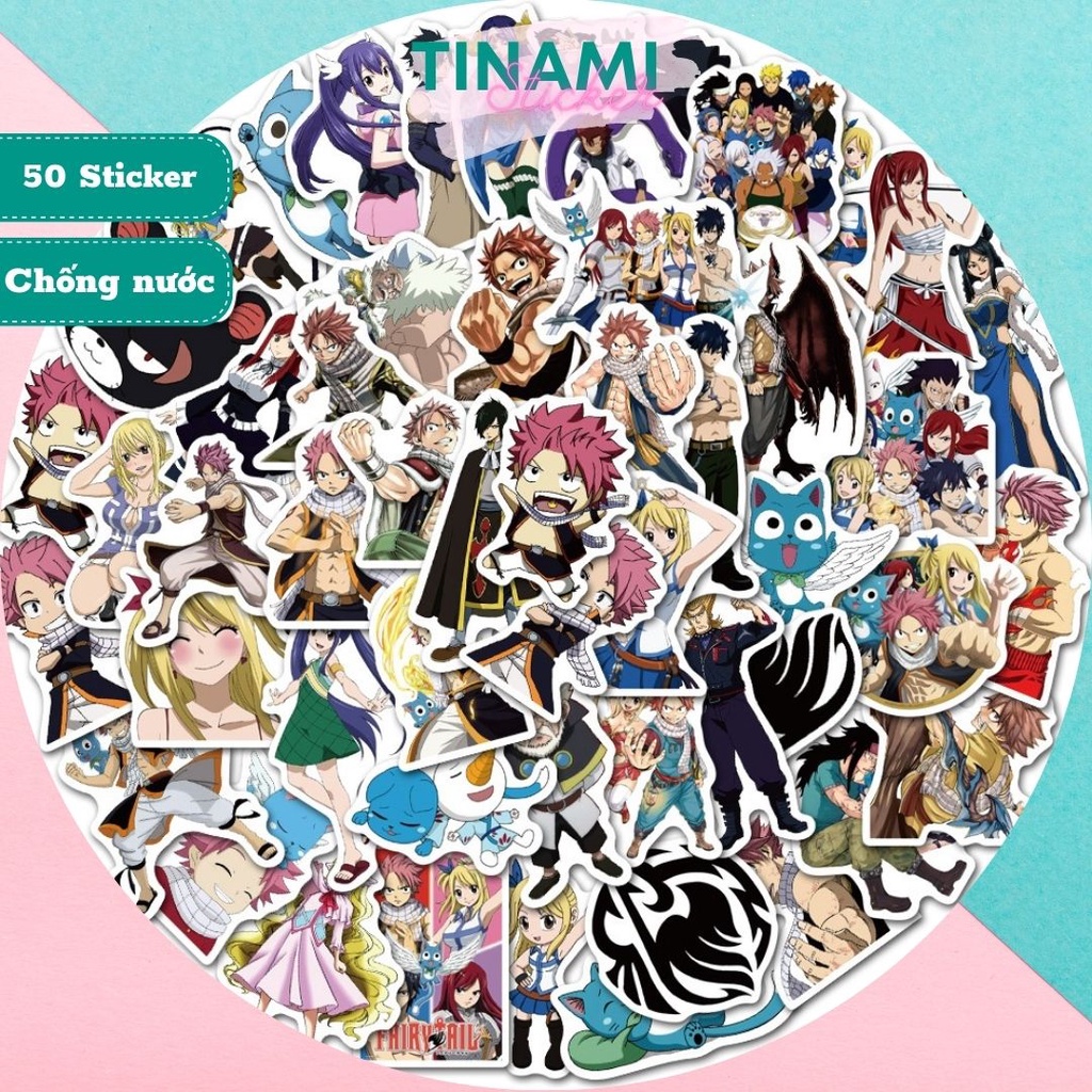 Bộ 50 Hình dán anime Sticker Fairy Tail Hội đuôi tiên trọn bộ hình dán không thấm nước mực in sắc nét trang trí