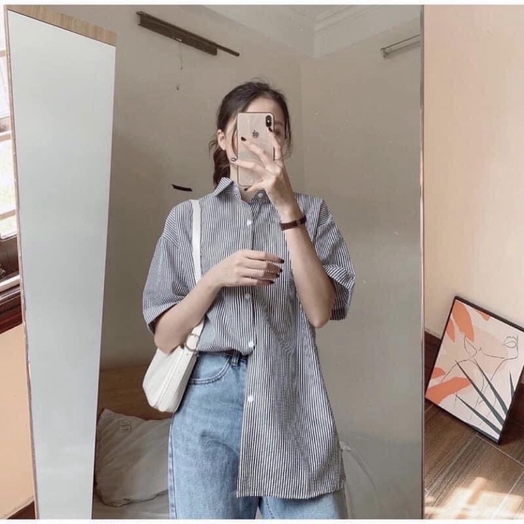 Áo sơ mi Hàn Quốc dáng rộng kẻ sọc nhiều màu chất đẹp không bai xù năng động cá tính nội y xanh