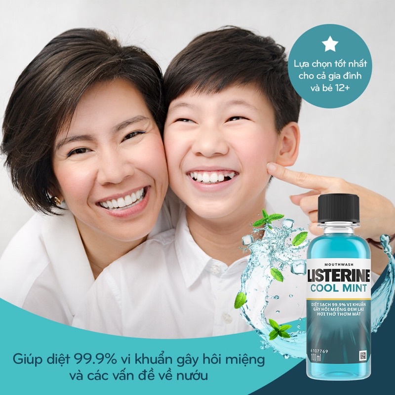 Nước Súc Miệng LISTERINE 100ML Cool Mint, Zero Alcohol, diệt khuẩn bảo vệ răng miệng, giữ hơi thở thơm mát