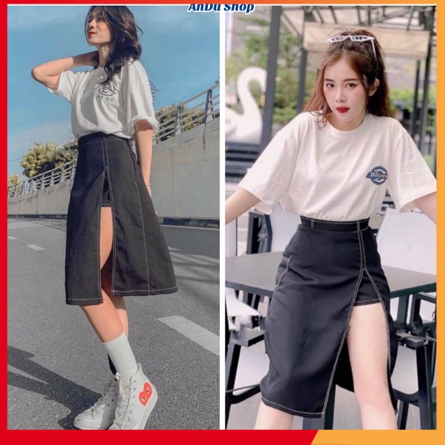 Chân váy xẻ tà trước bigsize midi chữ a ulzzang hàn quốc màu đen AnduShop | BigBuy360 - bigbuy360.vn