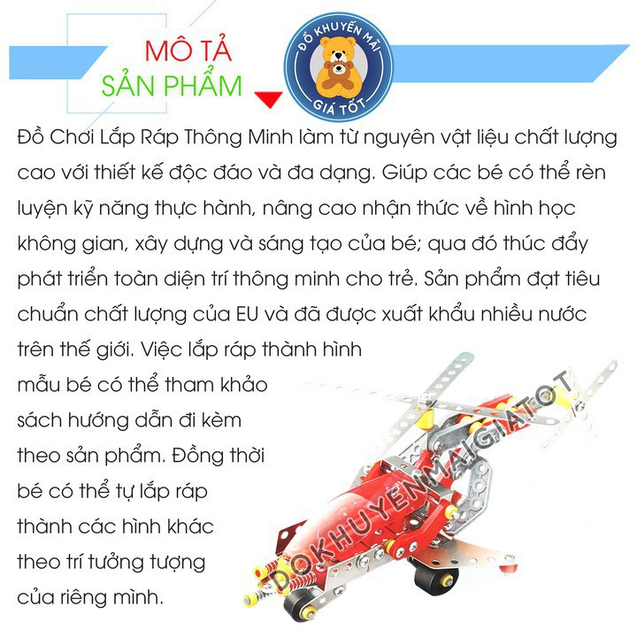 Đồ chơi thông minh phát triển trí tuệ cho bé lắp ráp sáng tạo mô hình máy bay trực thăng sắt 204 chi tiết WC38-B