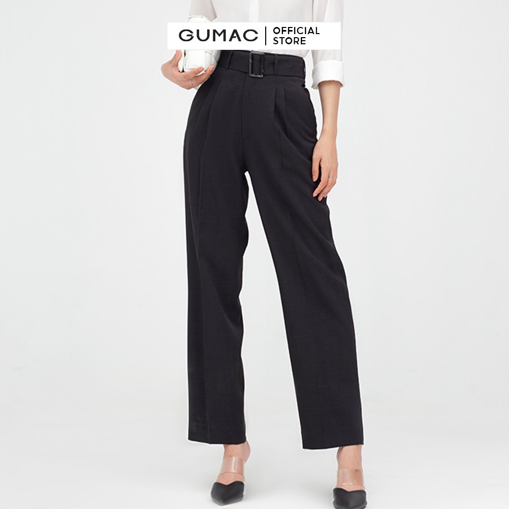 Quần tây nữ phối đai lưng GUMAC thiết kế công sở, màu đen ống rộng đủ size QB510