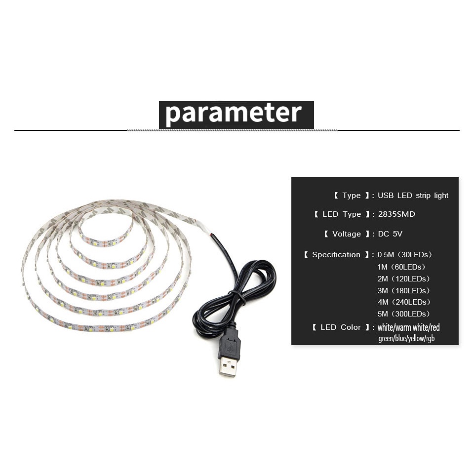 Dây Đèn LED 5V 2835 Sạc USB Chống Thấm Nước Có Công Tắc Tiện Dụng