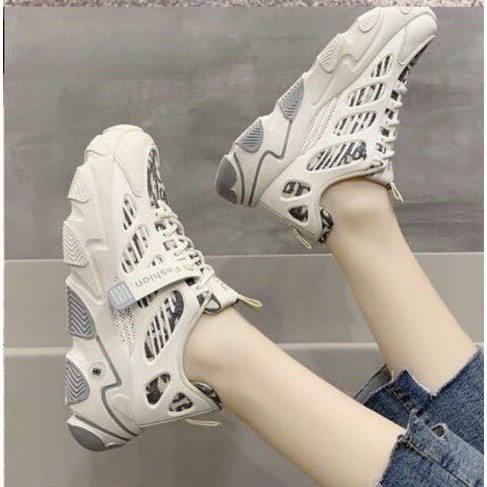 Giày thể thao sneakers nâng đế nữ da pha lưới kiểu mới năng động cực hót