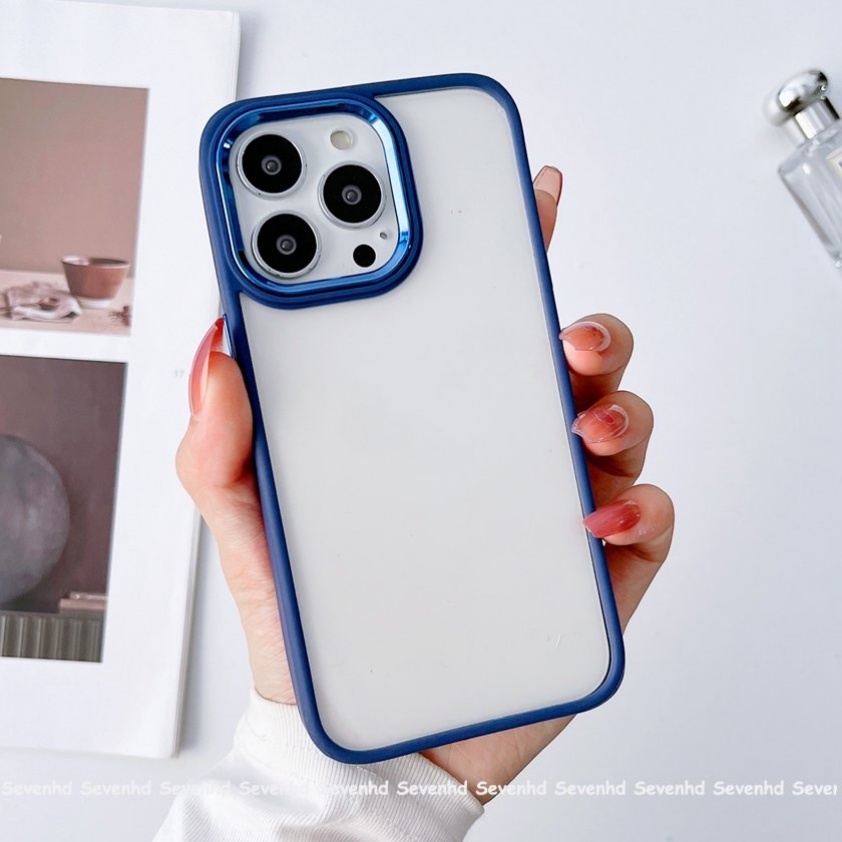 Ốp Điện Thoại Acrylic Chống Sốc Viền Mạ Màu Xanh Dương Đậm Cho iPhone 14 13 12 11 Pro Max X XR Xs Max 8 7 6 6s Plus SE 2020