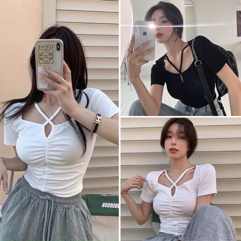 Áo thun tay ngắn có dây yếm choàng cổ dúm ngực freesize cực sexy