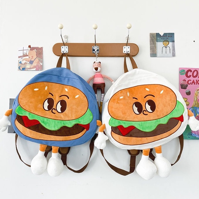 Balo Vải Canvas Họa Tiết Bánh Burger Dễ Thương Cho Nam Và Nữ