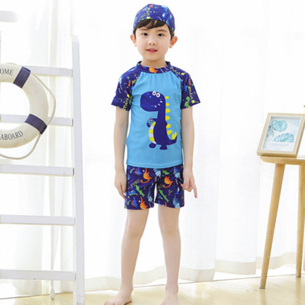 3-13Yrs Toddler Cartoon Dinosaur Split Swimsuit Baby Boys Korean Style Summer Blue White Swimsuit + Swimcap