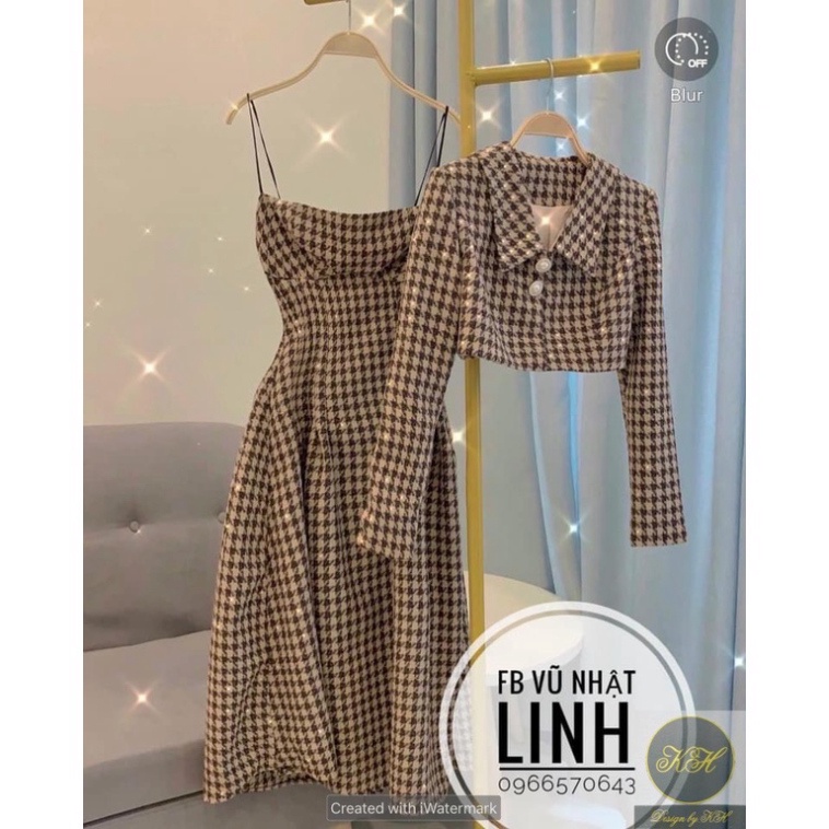 Set dạ tweed họa tiết gồm váy hai dây và áo khoác siêu xinh phong cách tiểu thư _ có ẢNH THẬT | BigBuy360 - bigbuy360.vn