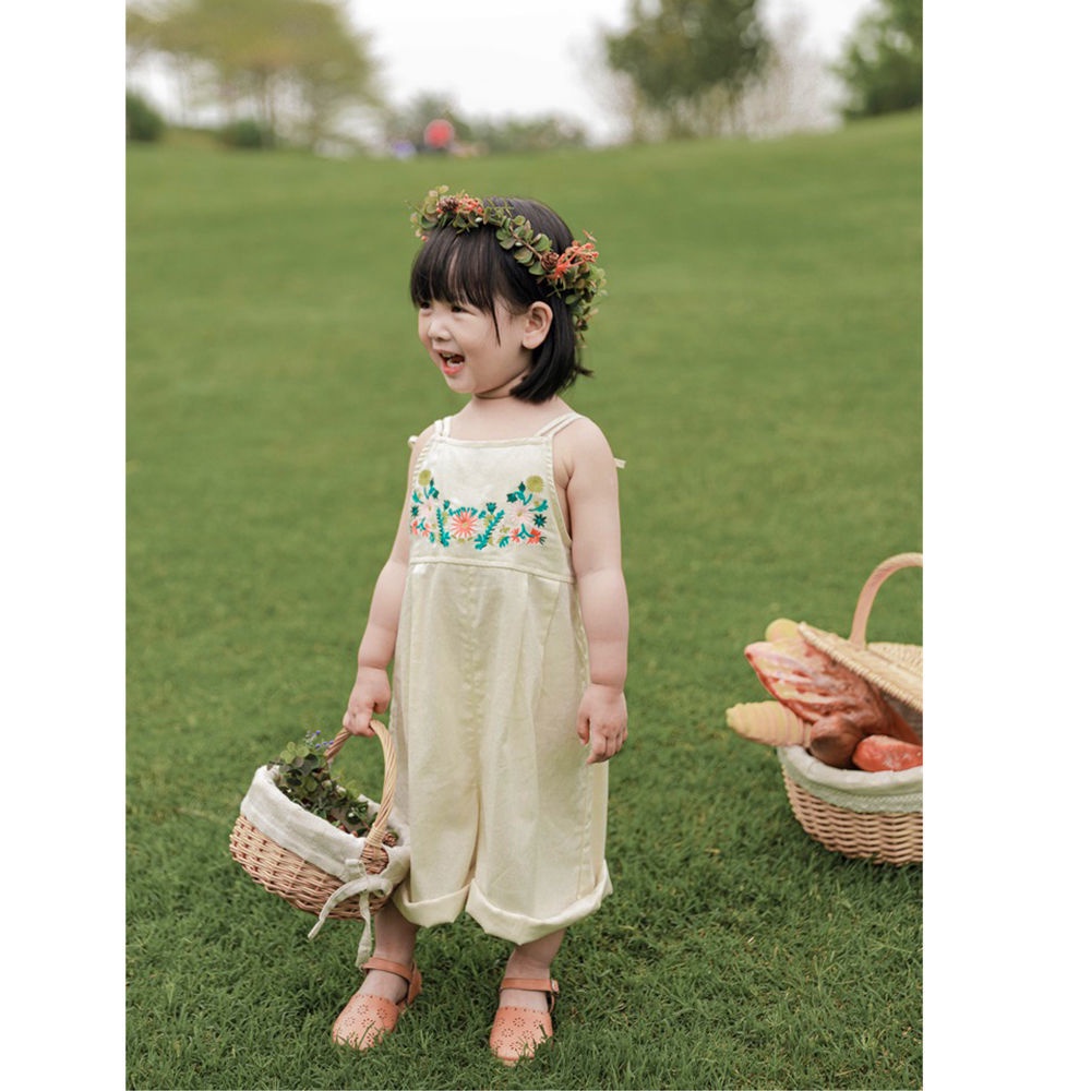 Quần Yếm Cotton Lanh Dáng Rộng Thêu Hoa Phong Cách Nhật Hàn 2022 Thời Trang Cho Bé Gái