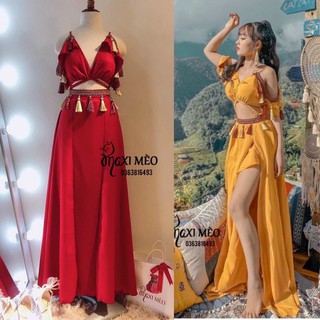 Đầm maxi khoét vai xẻ tà