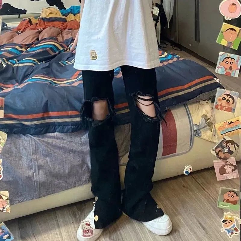 Jiashucheng Quần Jean Rách Dáng Rộng Xẻ Tà Màu Đen Phong Cách Đường Phố Mùa Hè Cho Nữ