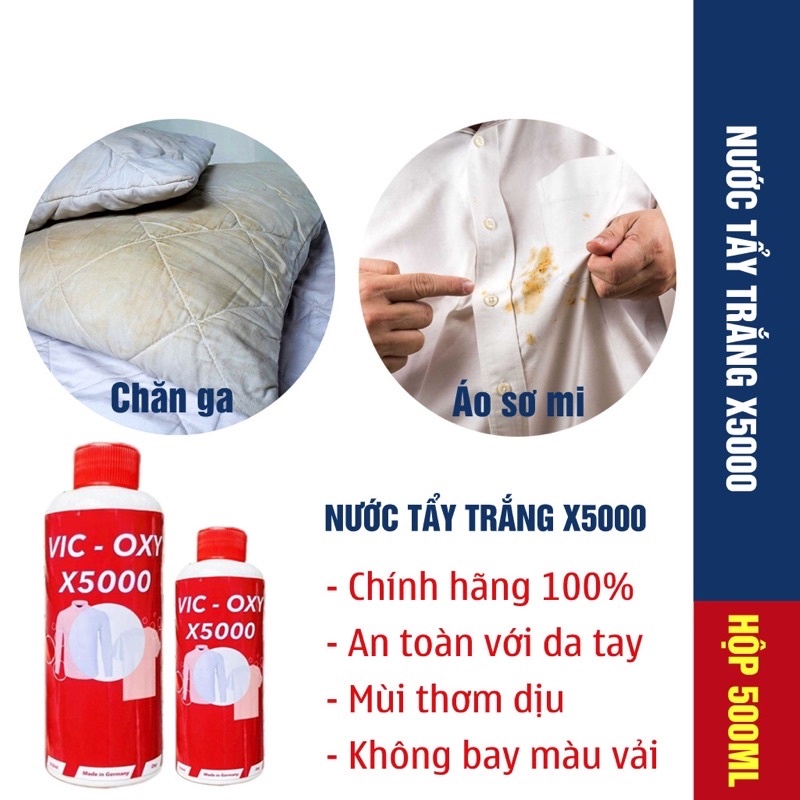 Nước tẩy trắng quần áo Vic oxy X5000 không hại da tay, phai màu quần áo, dày dép