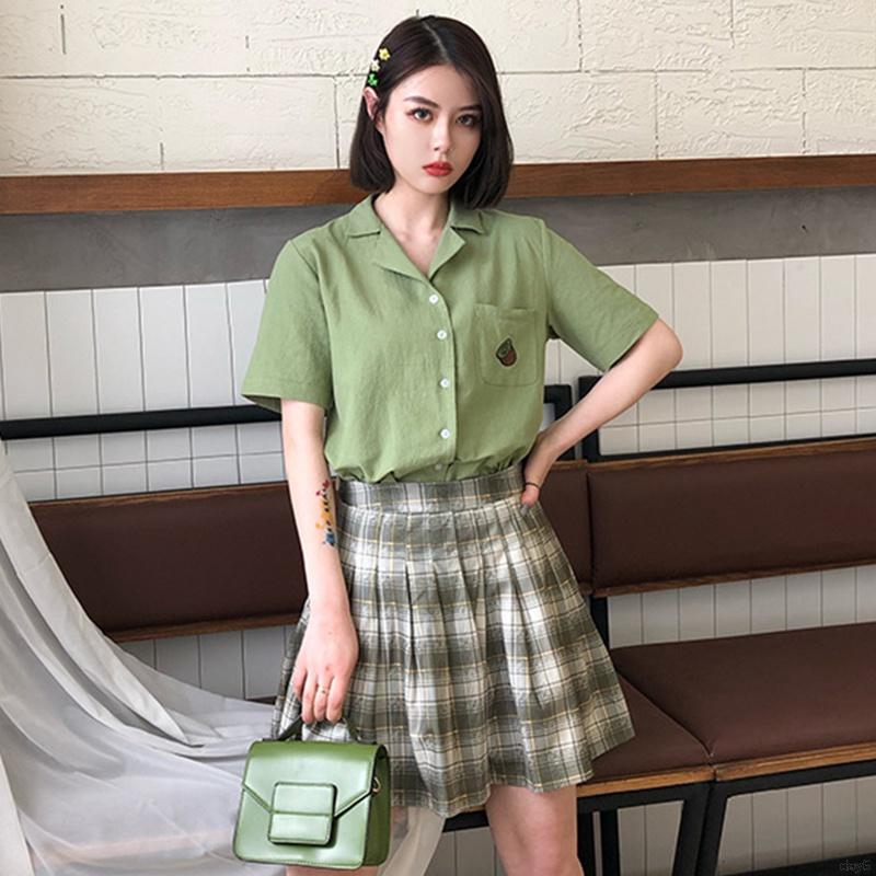 Áo Sơ Mi Nữ Tay Ngắn Có Cổ Thêu Hình Trái Cây Thời Trang