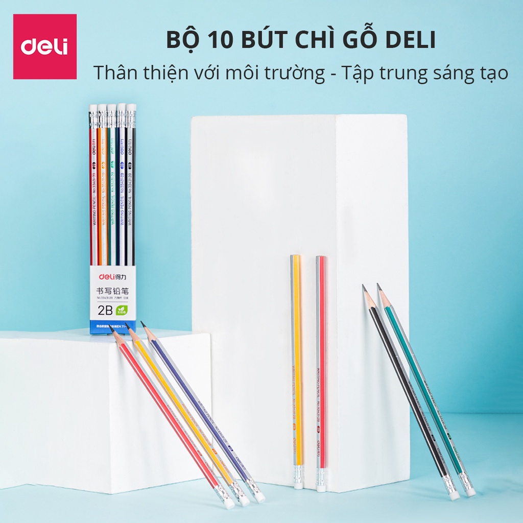 Vỉ 10 bút chì gỗ tự nhiên kèm đầu tẩy Deli - dễ gọt và nhạy với máy chấm thi loại 2B phổ thông chuyên dụng - 33431