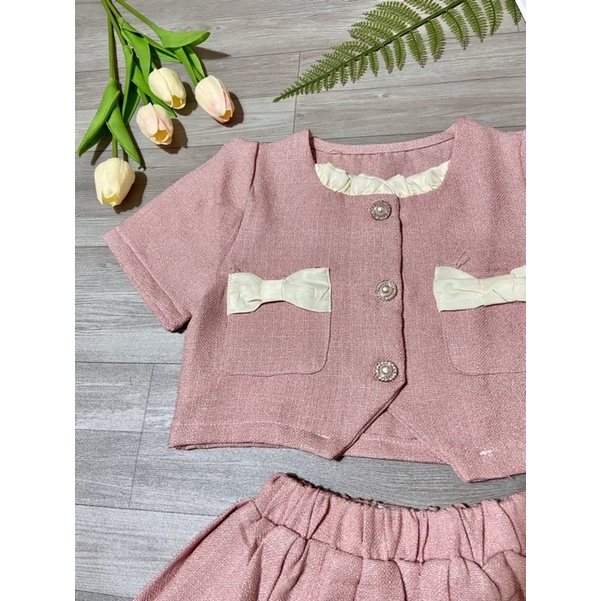 QCCC - Set vest áo váy cúc đính đá màu hồng phong cách tiểu thư Hàn quốc cho bé gái đi tiệc