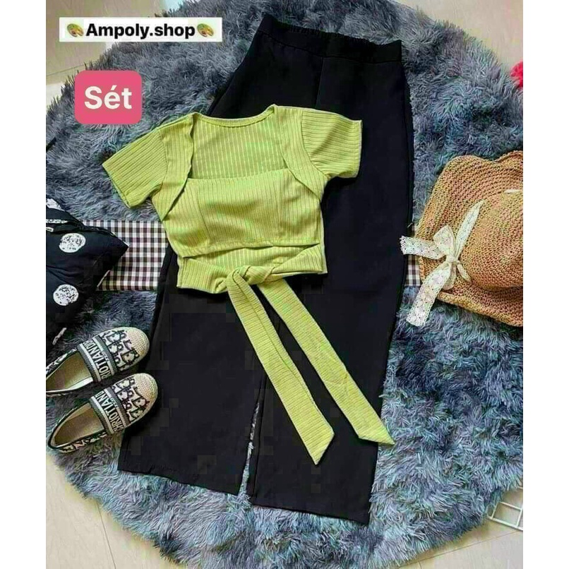 Sét bộ áo croptop cổ vuông có mút cột dây eo phối quần ống rộng hot hit