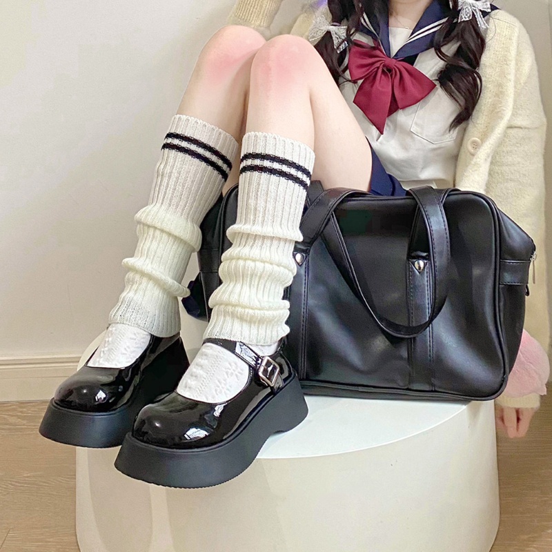 Vớ ống dệt kim sọc gân giữ ấm hai đường kẻ sọc phong cách Lolita kiểu đồng phục dành cho nữ sinh