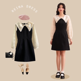 Bleubird váy sợi tweed mỏng phối tay ren cổ nơ reina dress