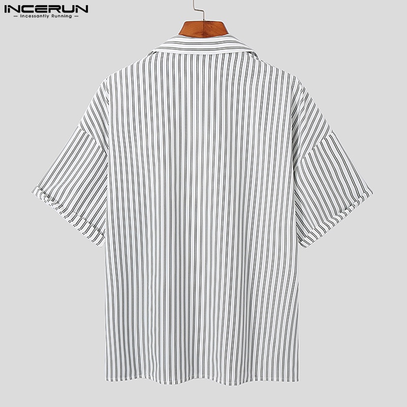 Áo sơ mi INCERUN ngắn tay dáng rộng gài nút kẻ sọc thời trang cho nam