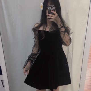 [ORDER]Đầm đen nhung tay phối lưới