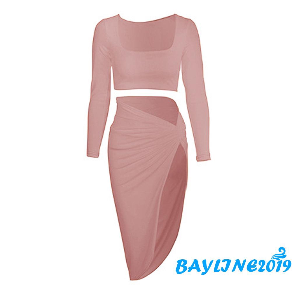 Set trang phục 2 mảnh gồm áo lửng cổ vuông tay dài và chân váy dài xẻ tà tới đùi màu trơn dành cho nữ | BigBuy360 - bigbuy360.vn