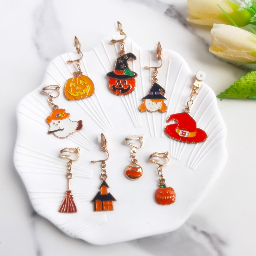 Khuyên Tai Dạng Kẹp Không Cần Khoan Họa Tiết Bí Ngô Phù Thủy Hoạt Hình Bằng Hợp Kim Không Gây Dị Ứng Phong Cách Halloween Hàn Quốc Cho Bé Gái