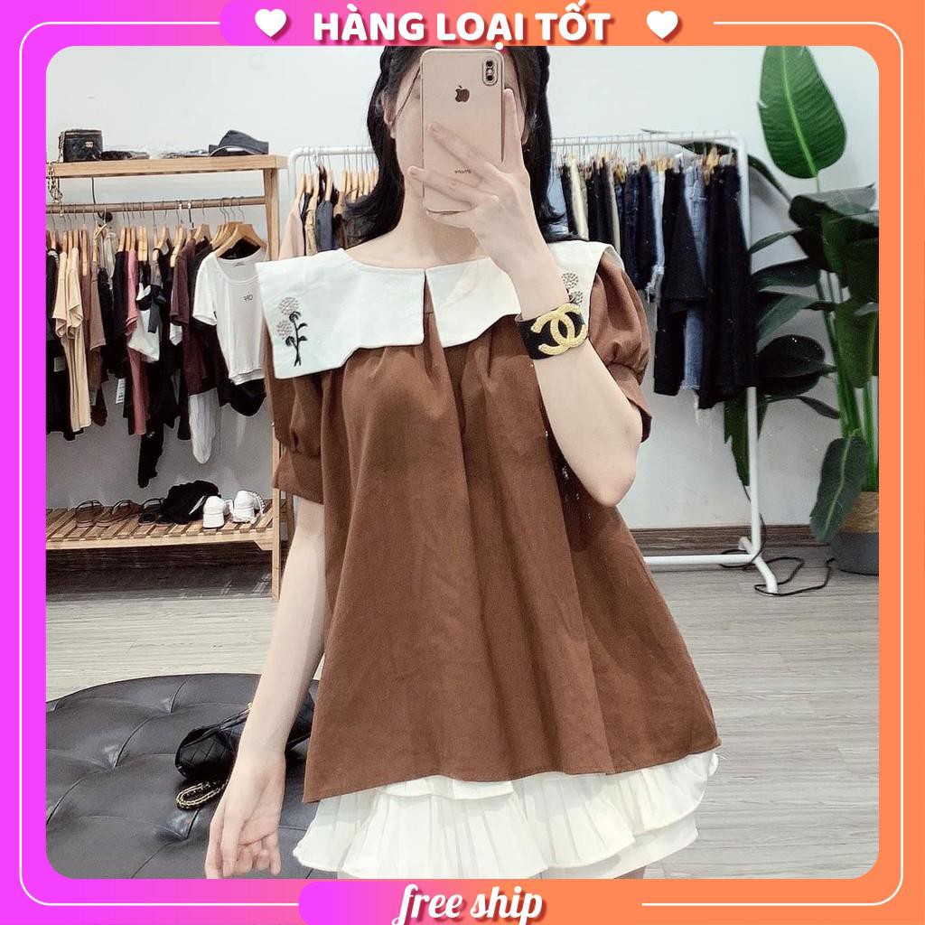 Aó babydoll nâu cổ vạt trắng thêu hoa xinh xắn - A18