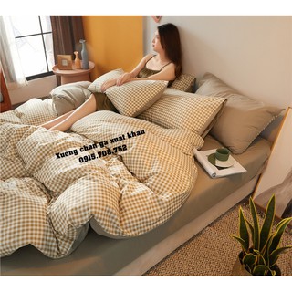 Sét chăn ga gối cotton tici kẻ caro be nhỏ (có kèm ảnh thật)