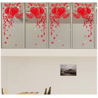 Decal trang trí tết - Lồng đèn đôi đỏ dây leo size đỏ