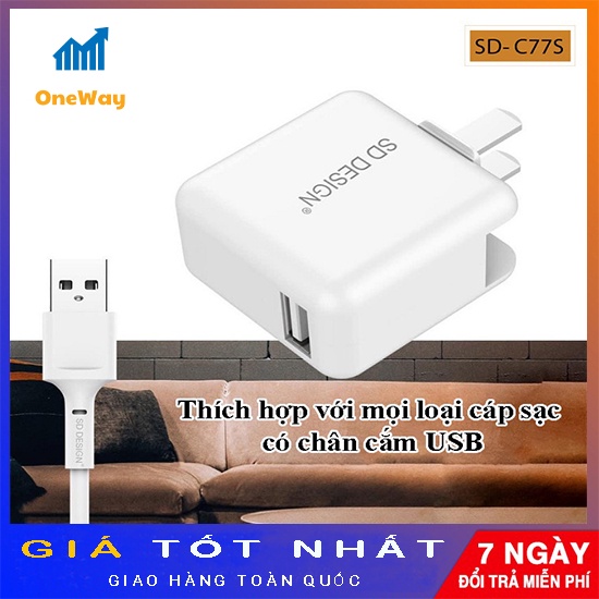 Bộ Củ + Cáp Sạc C77s chính hãng SD DESIGN chân gập 90 độ sạc nhanh an toàn cho điện thoại iphone, samsung, oppo